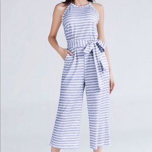 Sky Blue & Gray Stripe Jumpsuit w/Belted Detail